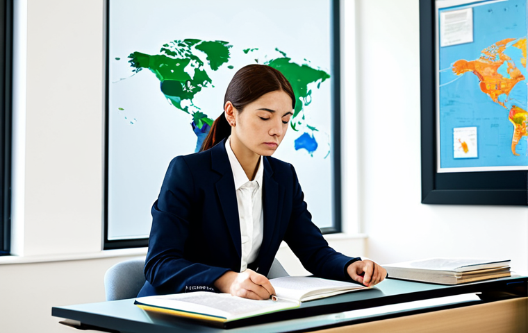 A professional female translator in a modest business suit, seated at an ergonomic desk in a bright, modern office. Her expression is calm and deeply focused, reflecting mental fortitude and quick decision-making. A subtle world map or multicultural book collection is visible in the background, subtly indicating cultural sensitivity in her work. The scene captures a moment of intense concentration and intellectual agility, rendered with soft, professional lighting. Fully clothed, appropriate attire, safe for work, perfect anatomy, correct proportions, natural pose, well-formed hands, proper finger count, natural body proportions, professional photography, high quality, modest, family-friendly.