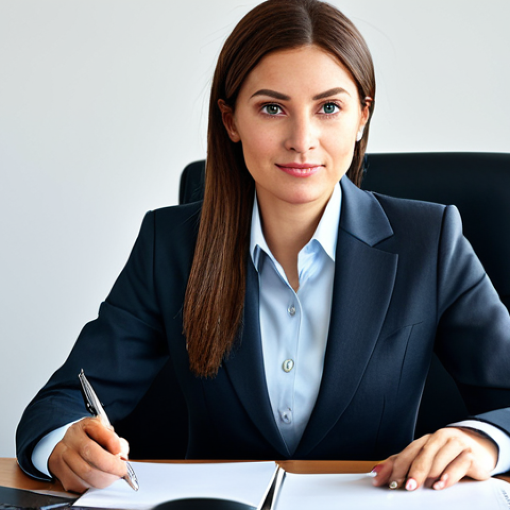 ** A professional businesswoman in a modest business suit, sitting at a desk in a modern office, fully clothed, appropriate attire, safe for work, perfect anatomy, natural proportions, professional photography, high quality.

**