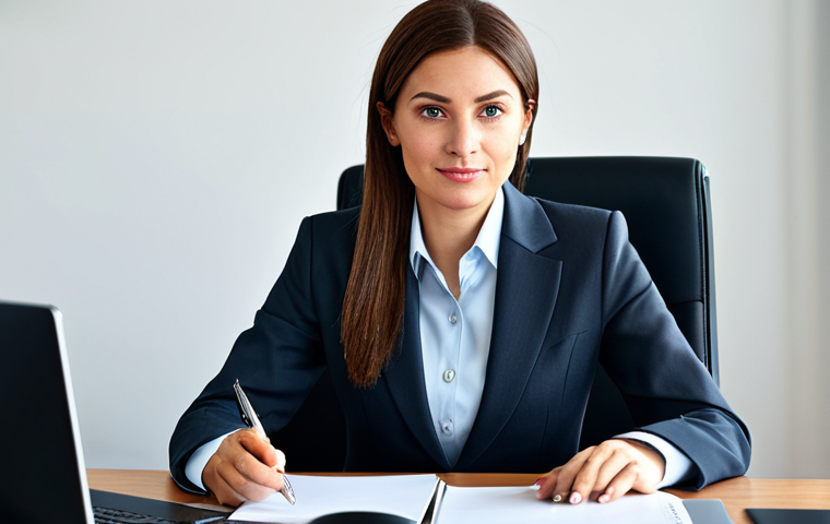 ** A professional businesswoman in a modest business suit, sitting at a desk in a modern office, fully clothed, appropriate attire, safe for work, perfect anatomy, natural proportions, professional photography, high quality.

**