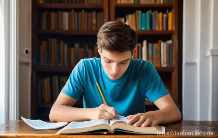 통역사 실기 시험 대비법 - **Prompt 1: Deep Language Foundation Study**
    "A candid, medium shot of a focused young adult (ma...
