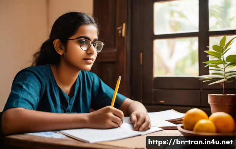 통역사 시험장 스트레스 극복법 - A young Bengali student sitting at a wooden study desk in a cozy room decorated with Bengali cultura...