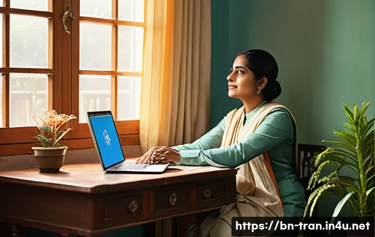 통역사 워라밸 유지 팁 - A serene and organized home office setup for a Bengali translator, featuring a clean wooden desk wit...