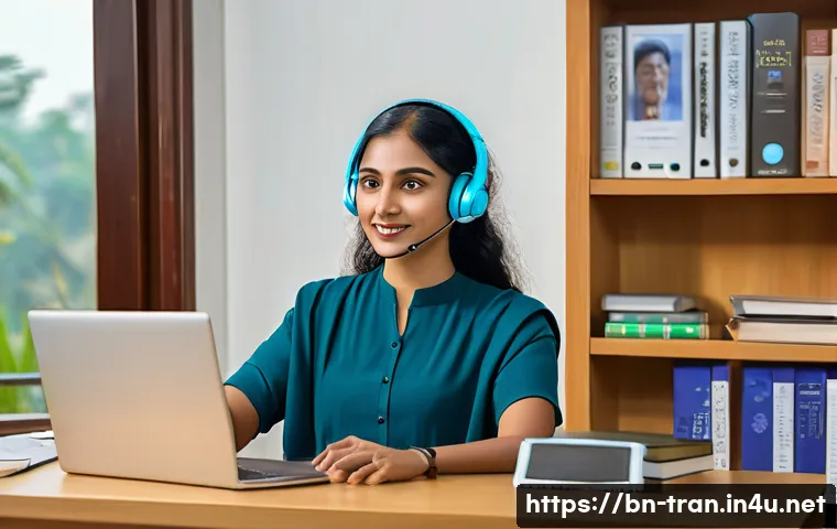 통역사로 창업하기 - A professional freelance interpreter working from a modern home office in Bangladesh, wearing busine...