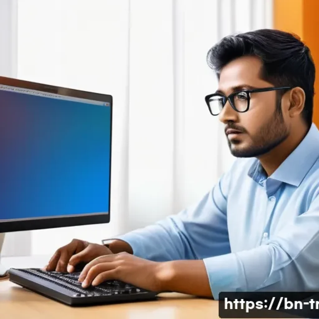 통역사 실무에서 중요한 스킬 - A professional Bengali translator working at a modern office desk, surrounded by dual computer monit...