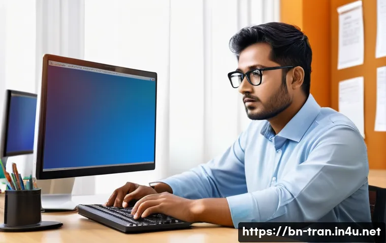 통역사 실무에서 중요한 스킬 - A professional Bengali translator working at a modern office desk, surrounded by dual computer monit...