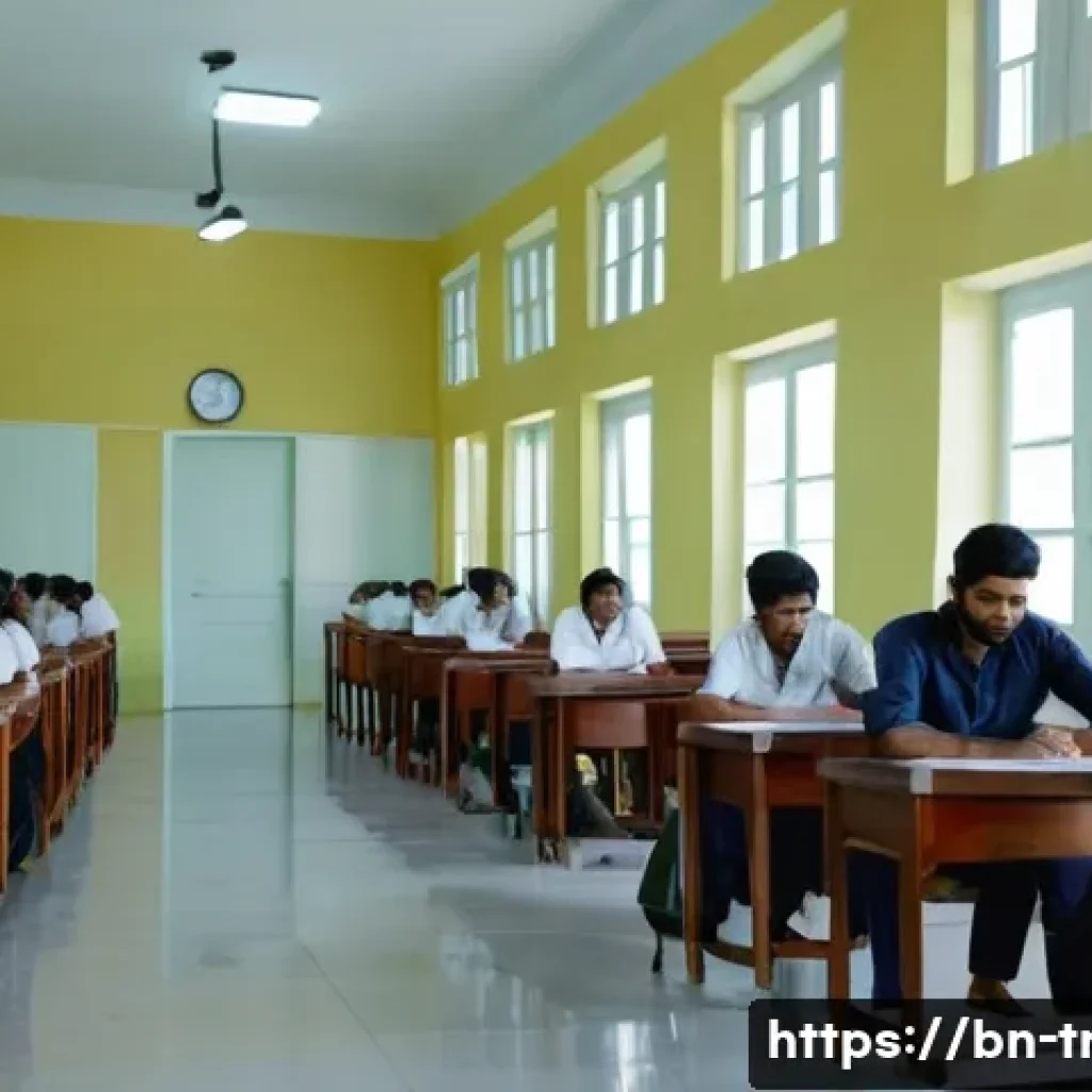 통역사 자격증 시험장 환경 - A serene examination hall scene with Bengali students sitting spaced apart on comfortable chairs, we...