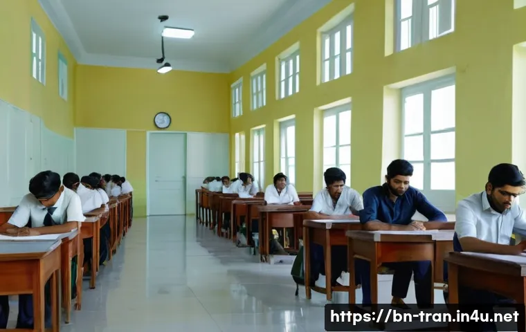 통역사 자격증 시험장 환경 - A serene examination hall scene with Bengali students sitting spaced apart on comfortable chairs, we...
