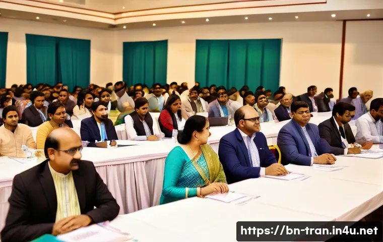 통역사 네트워킹 이벤트 - A vibrant professional networking event for Bengali translators and interpreters, set in a modern co...