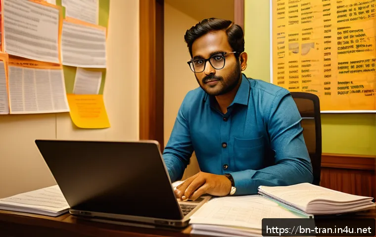 통역사에게 필요한 소프트 스킬 - A professional Bengali translator working at a modern desk, surrounded by bilingual dictionaries and...
