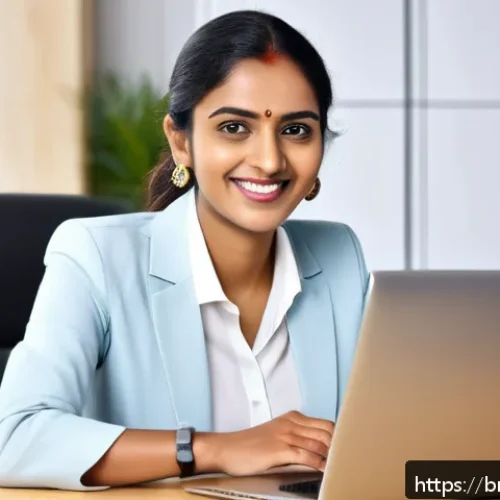 Home 30 통역사 이직을 위한 자기소개서 작성법 - A confident Bengali translator woman dressed in professional business attire, sitting upright at a m...