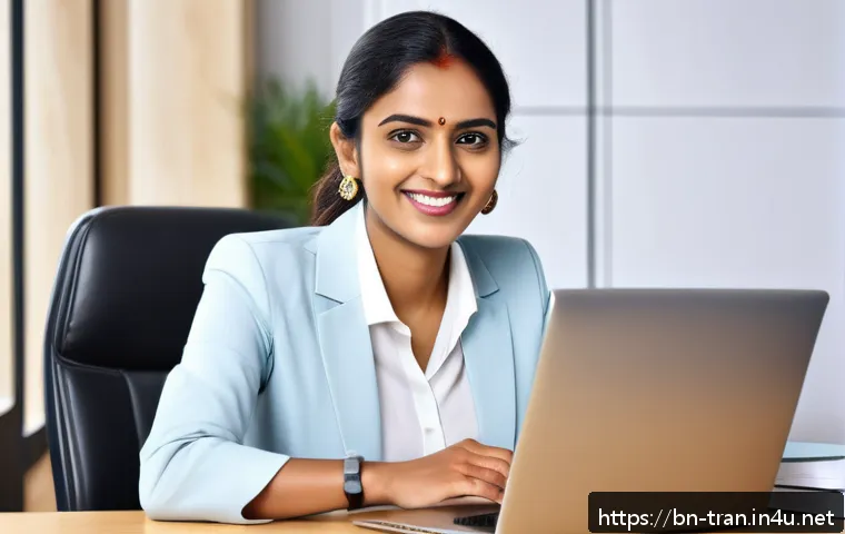 통역사 이직을 위한 자기소개서 작성법 - A confident Bengali translator woman dressed in professional business attire, sitting upright at a m...