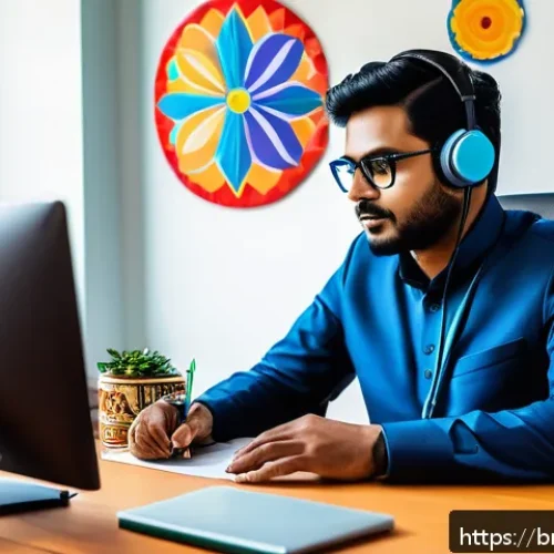 Home 17 통역사 전문성을 높이는 워크샵 - A professional Bengali translator working diligently at a modern desk with dual computer monitors di...