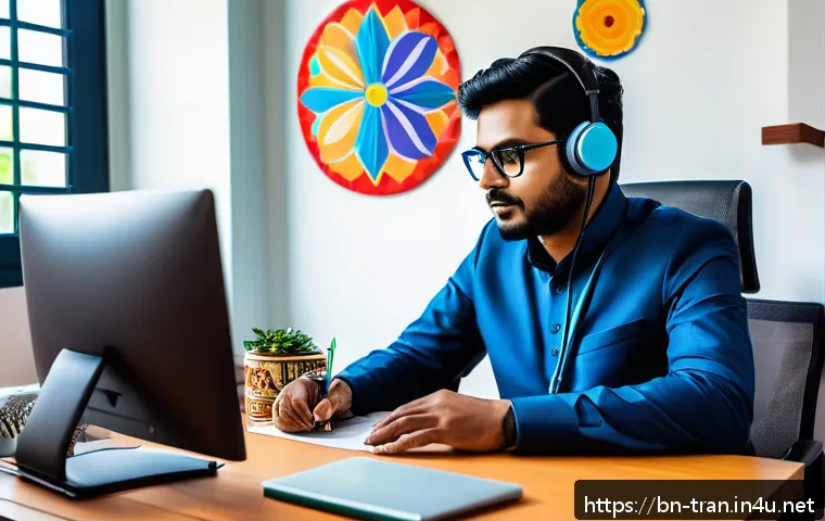 통역사 전문성을 높이는 워크샵 - A professional Bengali translator working diligently at a modern desk with dual computer monitors di...